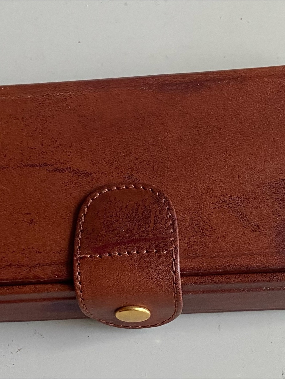 Brown Leather Snap Wallet with Gold Button for eye glasses